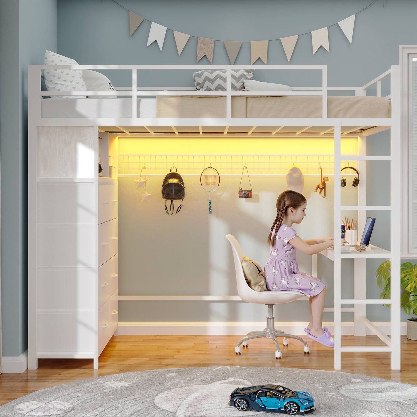 ADORNEVE Twin Size LED Loft Bed with Desk and 8 Storage Drawers