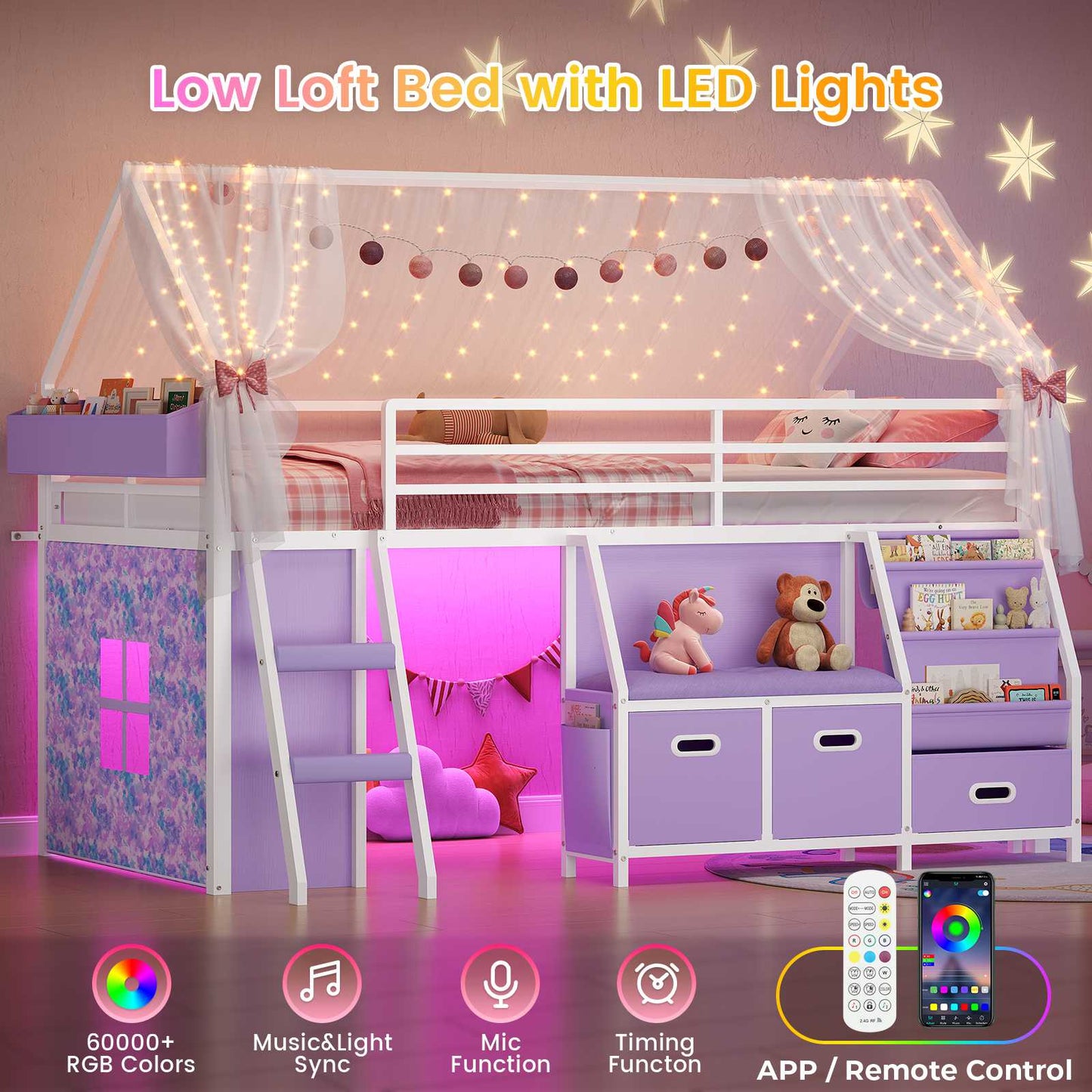 ADORNEVE Loft Bed Twin Size with Bookshelf Reading Nook and 3 Drawers LED Kids Loft Bed with Play Curtain and Safety Guardrail