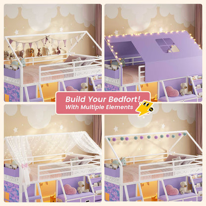ADORNEVE Loft Bed Twin Size with Bookshelf Reading Nook and 3 Drawers LED Kids Loft Bed with Play Curtain and Safety Guardrail