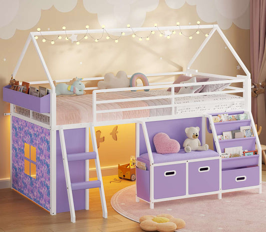 ADORNEVE Loft Bed Twin Size with Bookshelf Reading Nook and 3 Drawers LED Kids Loft Bed with Play Curtain and Safety Guardrail