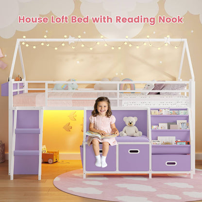 ADORNEVE Loft Bed Twin Size with Bookshelf Reading Nook and 3 Drawers LED Kids Loft Bed with Play Curtain and Safety Guardrail