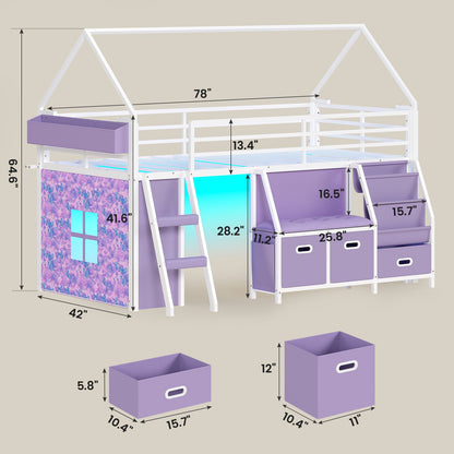 ADORNEVE Loft Bed Twin Size with Bookshelf Reading Nook and 3 Drawers LED Kids Loft Bed with Play Curtain and Safety Guardrail