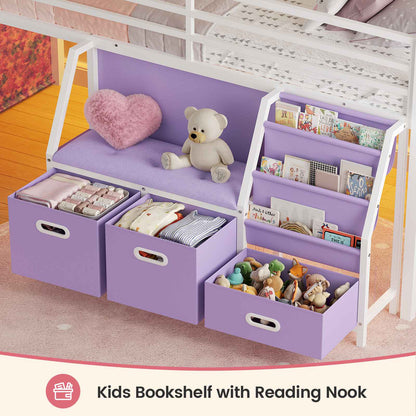 ADORNEVE Loft Bed Twin Size with Bookshelf Reading Nook and 3 Drawers LED Kids Loft Bed with Play Curtain and Safety Guardrail