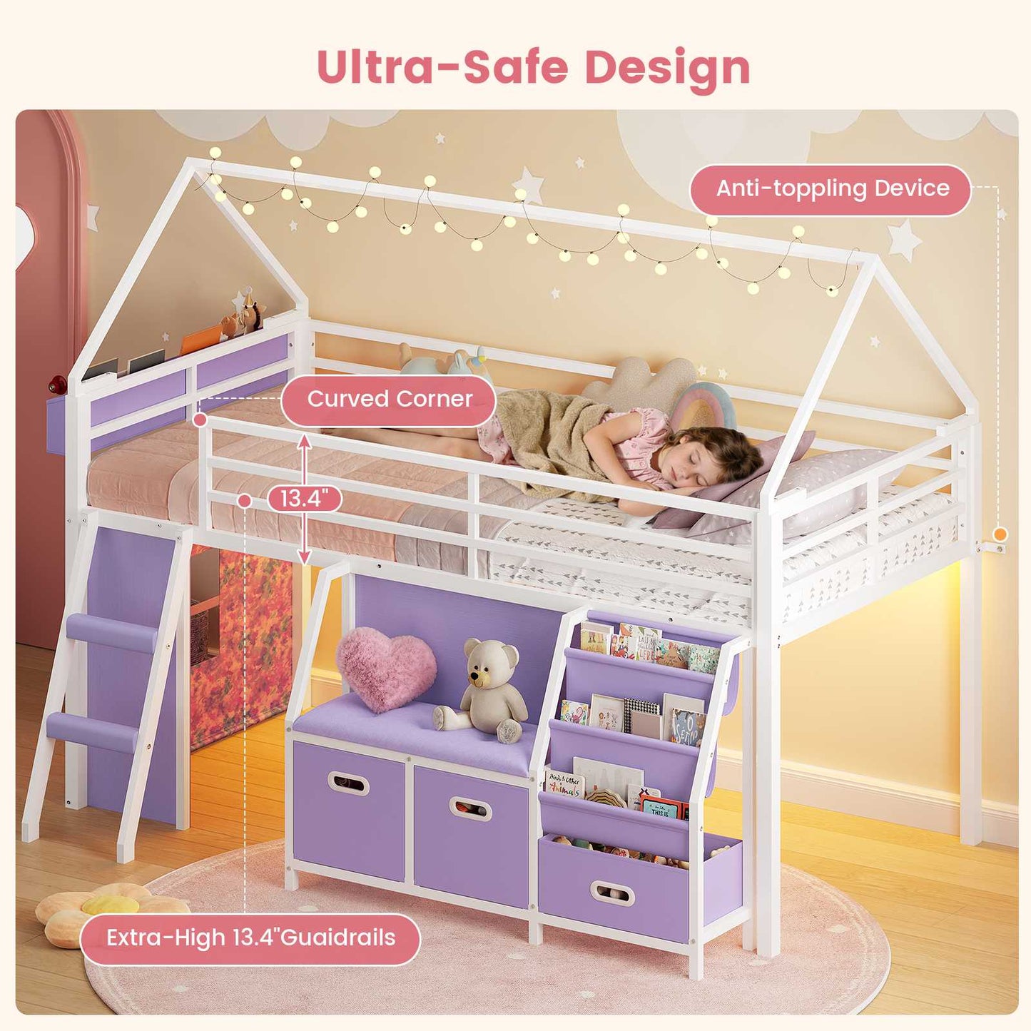 ADORNEVE Loft Bed Twin Size with Bookshelf Reading Nook and 3 Drawers LED Kids Loft Bed with Play Curtain and Safety Guardrail