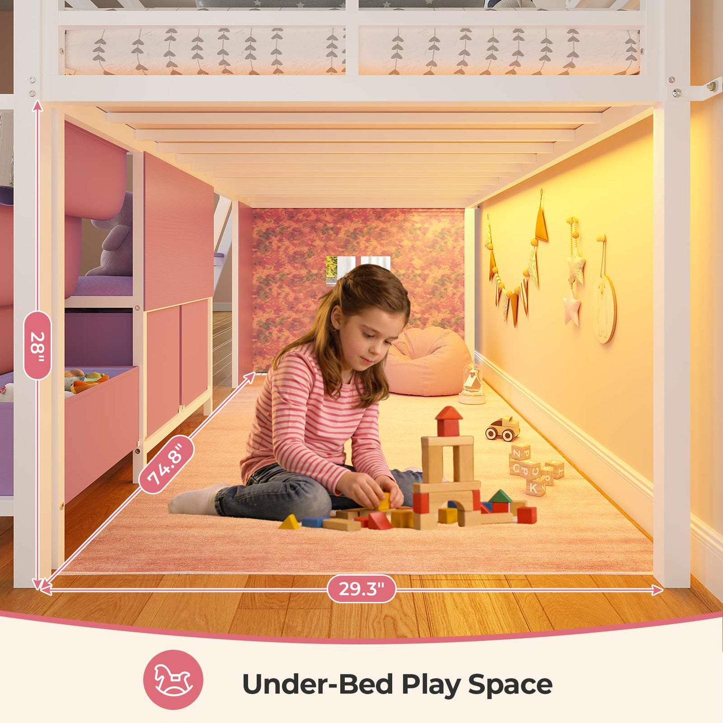 ADORNEVE Loft Bed Twin Size with Bookshelf Reading Nook and 3 Drawers LED Kids Loft Bed with Play Curtain and Safety Guardrail