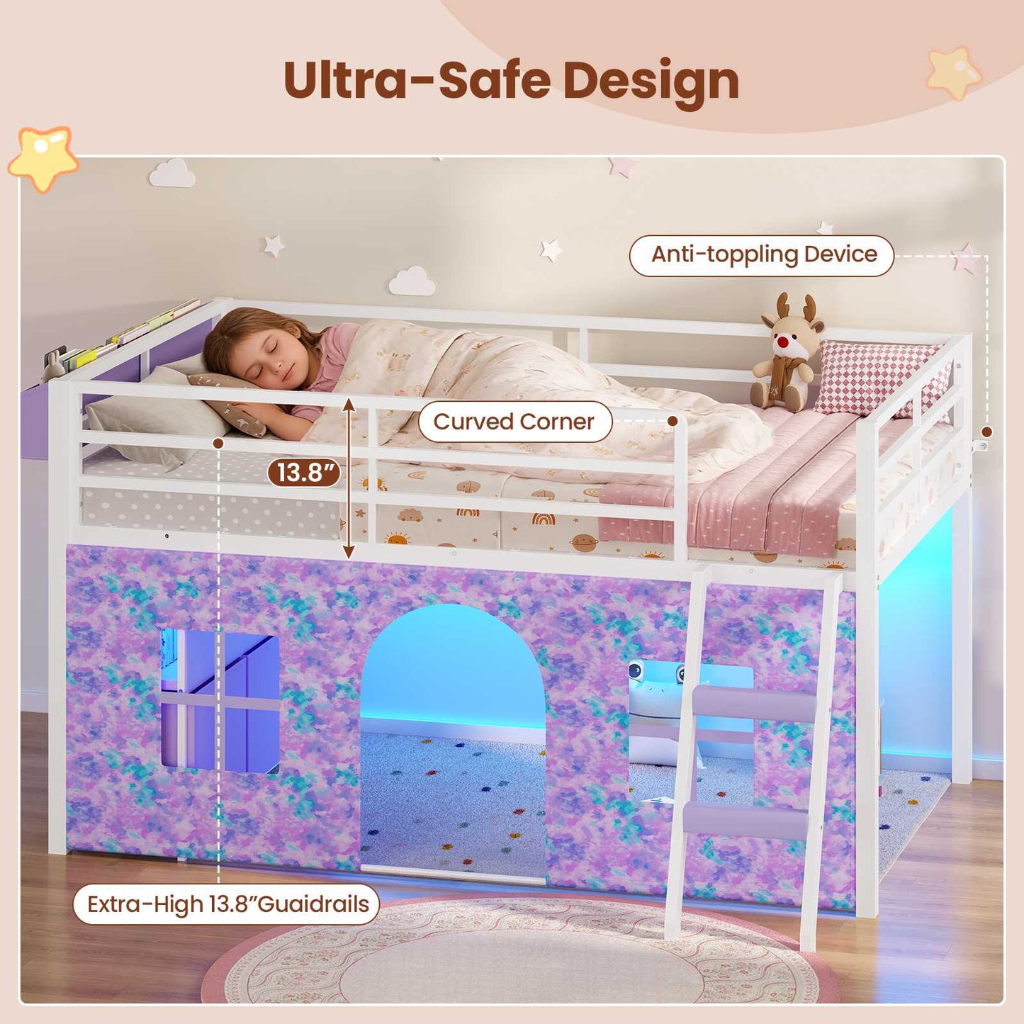 ADORNEVE Loft Bed Twin Size with Bookcase and Tent Metal Kids Loft Bed with 5 Storage Drawers LED Lights and Safety Guardrail