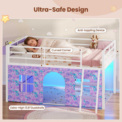 ADORNEVE Loft Bed Twin Size with Bookcase and Tent Metal Kids Loft Bed with 5 Storage Drawers LED Lights and Safety Guardrail