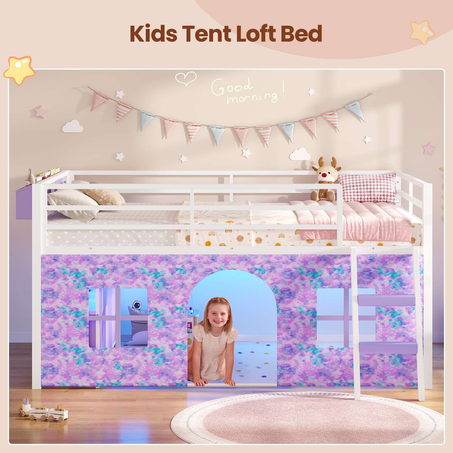 ADORNEVE Loft Bed Twin Size with Bookcase and Tent Metal Kids Loft Bed with 5 Storage Drawers LED Lights and Safety Guardrail