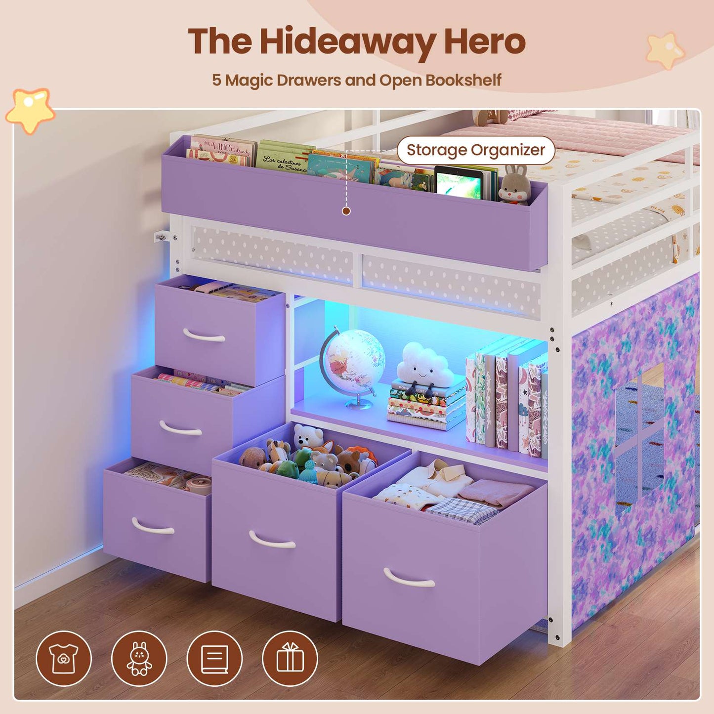 ADORNEVE Loft Bed Twin Size with Bookcase and Tent Metal Kids Loft Bed with 5 Storage Drawers LED Lights and Safety Guardrail