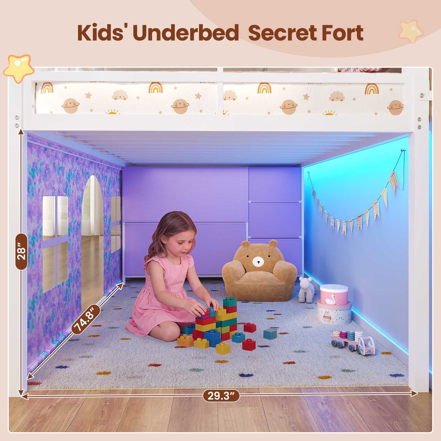 ADORNEVE Loft Bed Twin Size with Bookcase and Tent Metal Kids Loft Bed with 5 Storage Drawers LED Lights and Safety Guardrail