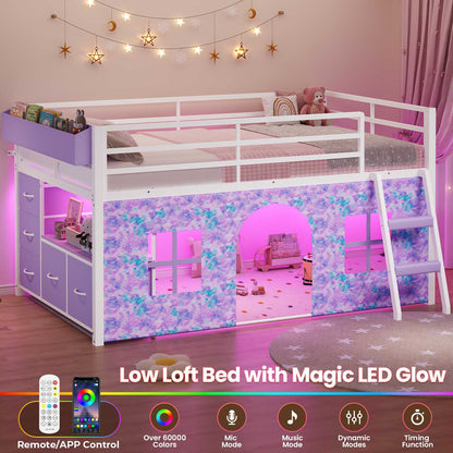 ADORNEVE Loft Bed Twin Size with Bookcase and Tent Metal Kids Loft Bed with 5 Storage Drawers LED Lights and Safety Guardrail