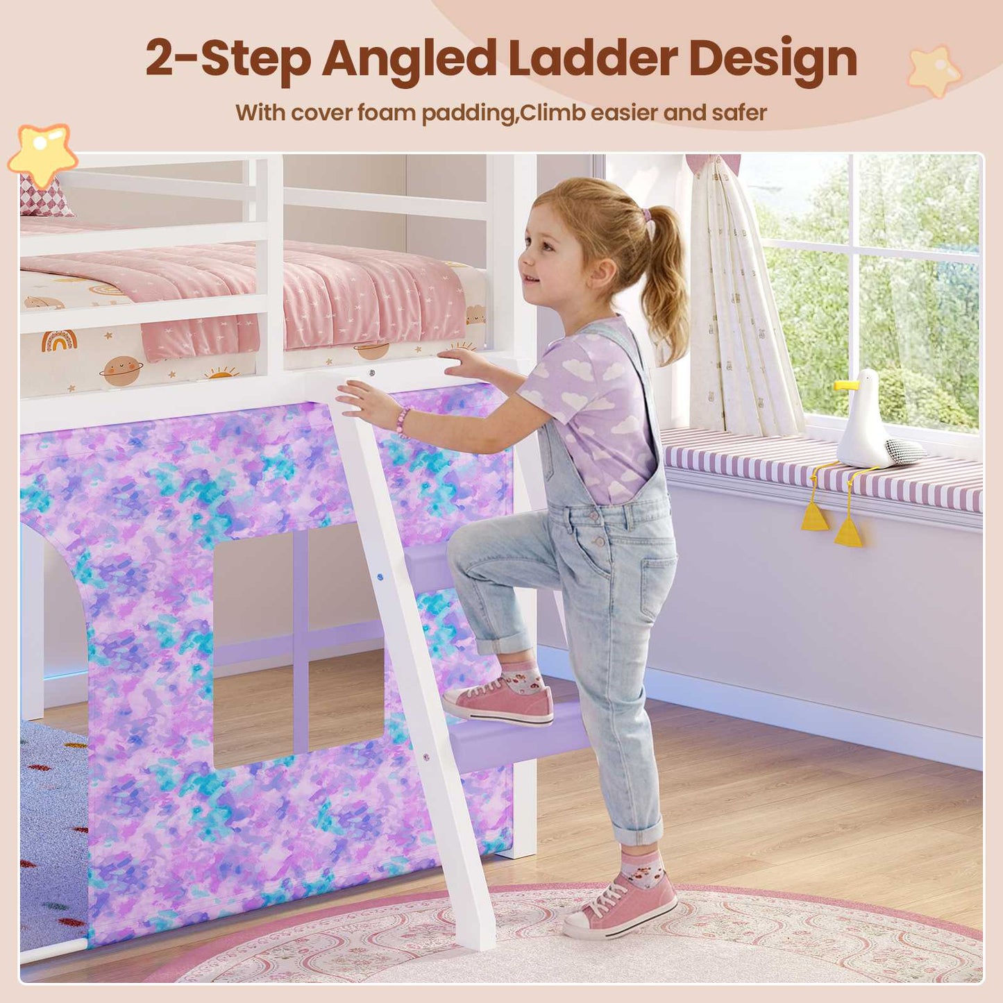 ADORNEVE Loft Bed Twin Size with Bookcase and Tent Metal Kids Loft Bed with 5 Storage Drawers LED Lights and Safety Guardrail