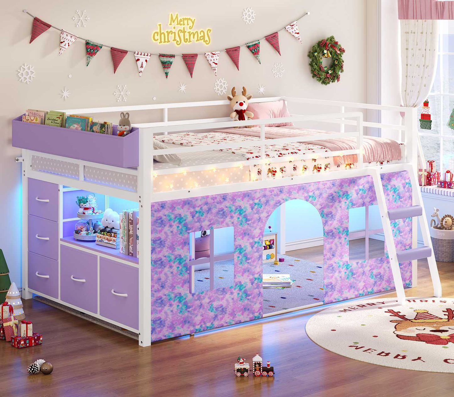 ADORNEVE Loft Bed Twin Size with Bookcase and Tent Metal Kids Loft Bed with 5 Storage Drawers LED Lights and Safety Guardrail