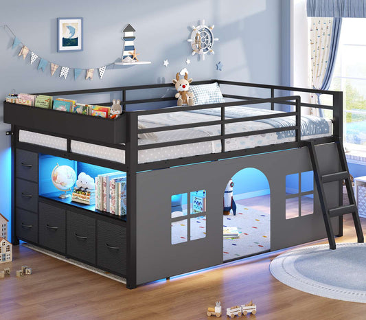 ADORNEVE Kids Low Loft Bed Full Size with Tent and 5 Storage Drawers Metal Loft Bed with Bookcase and Under-Bed Play Space LED Loft Bed with Safety Guardrail and Inclined Ladder