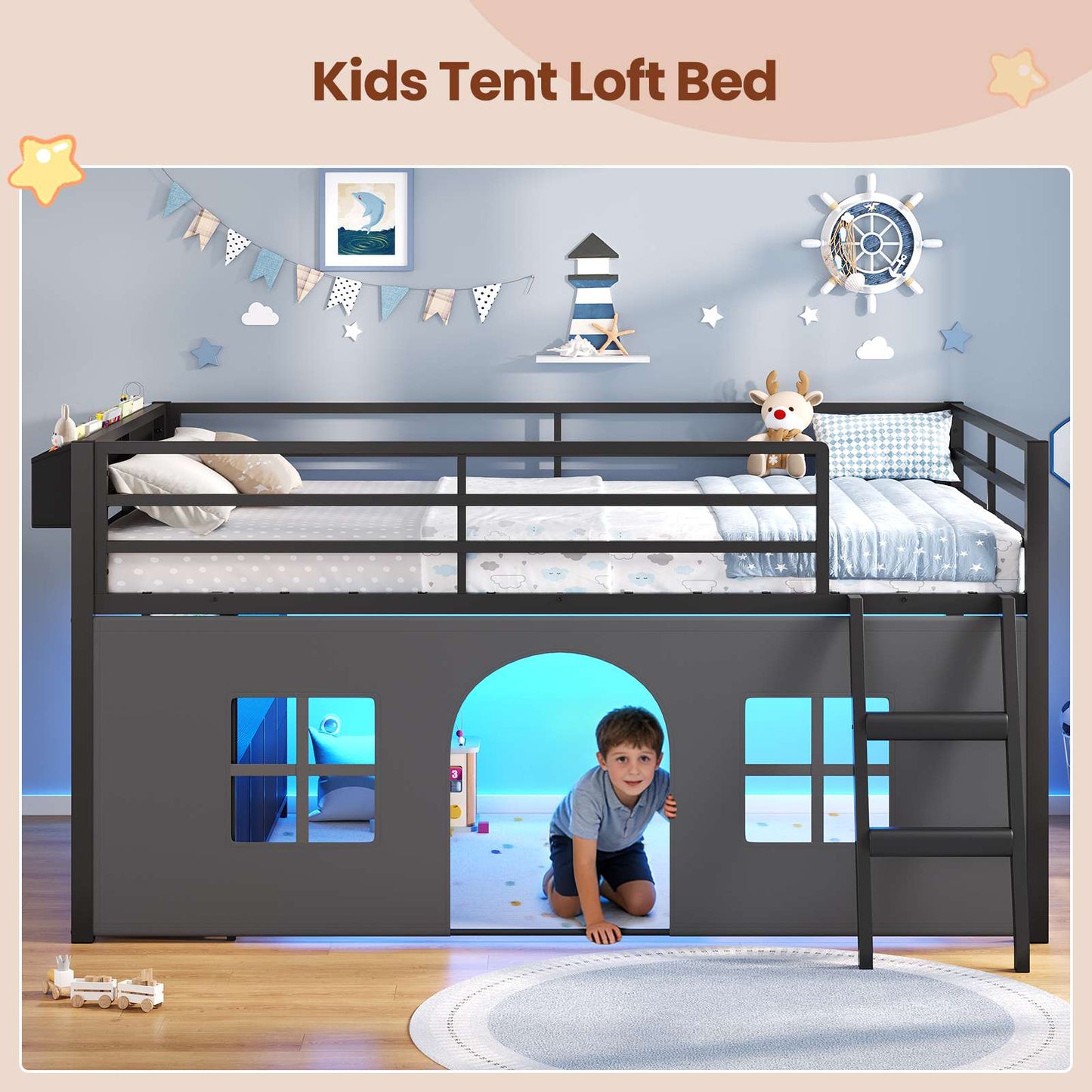ADORNEVE Kids Low Loft Bed Full Size with Tent and 5 Storage Drawers Metal Loft Bed with Bookcase and Under-Bed Play Space LED Loft Bed with Safety Guardrail and Inclined Ladder