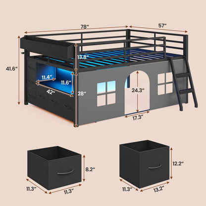 ADORNEVE Kids Low Loft Bed Full Size with Tent and 5 Storage Drawers Metal Loft Bed with Bookcase and Under-Bed Play Space LED Loft Bed with Safety Guardrail and Inclined Ladder