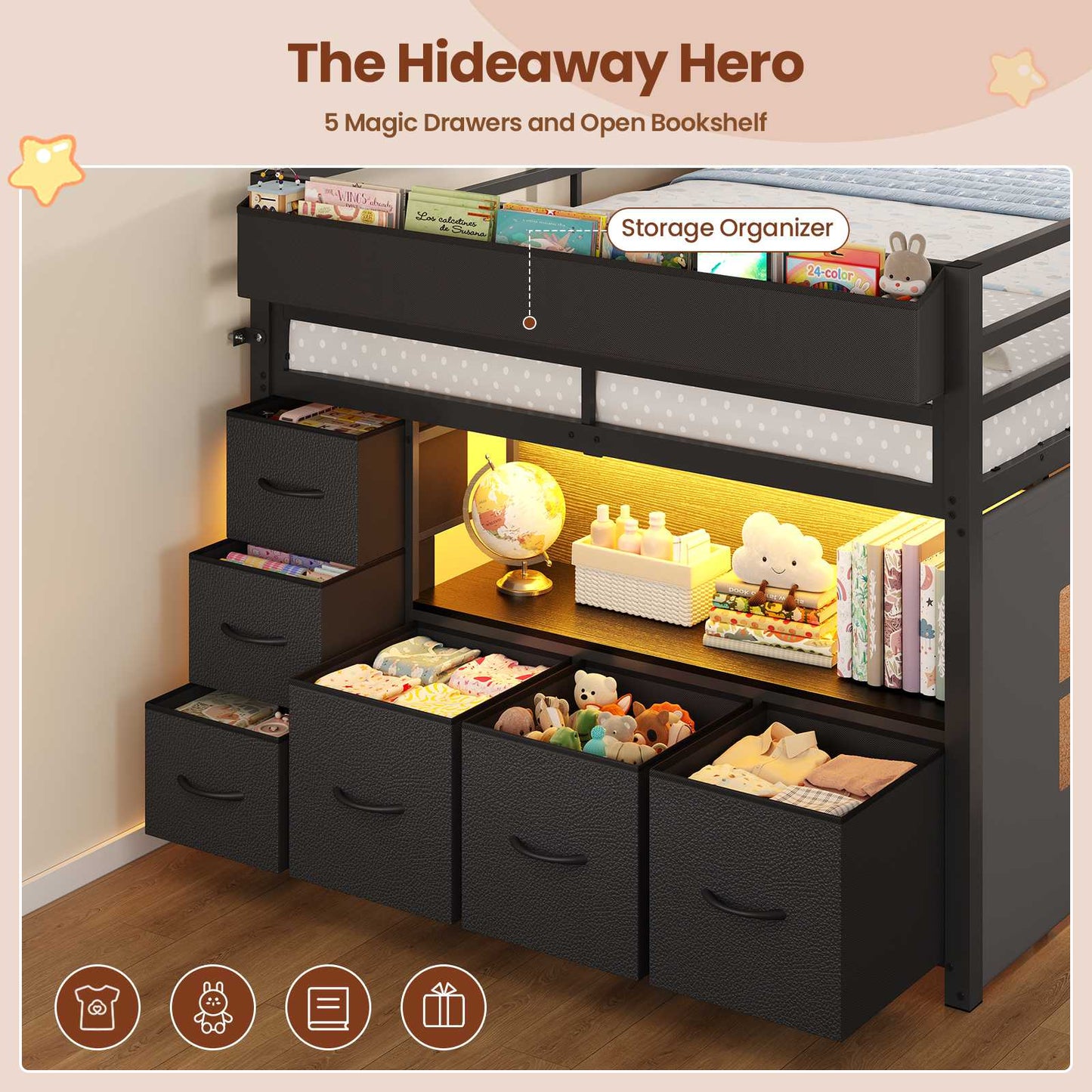 ADORNEVE Kids Low Loft Bed Full Size with Tent and 5 Storage Drawers Metal Loft Bed with Bookcase and Under-Bed Play Space LED Loft Bed with Safety Guardrail and Inclined Ladder