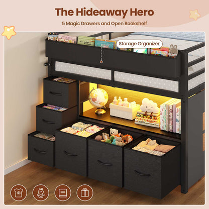 ADORNEVE Kids Low Loft Bed Full Size with Tent and 5 Storage Drawers Metal Loft Bed with Bookcase and Under-Bed Play Space LED Loft Bed with Safety Guardrail and Inclined Ladder