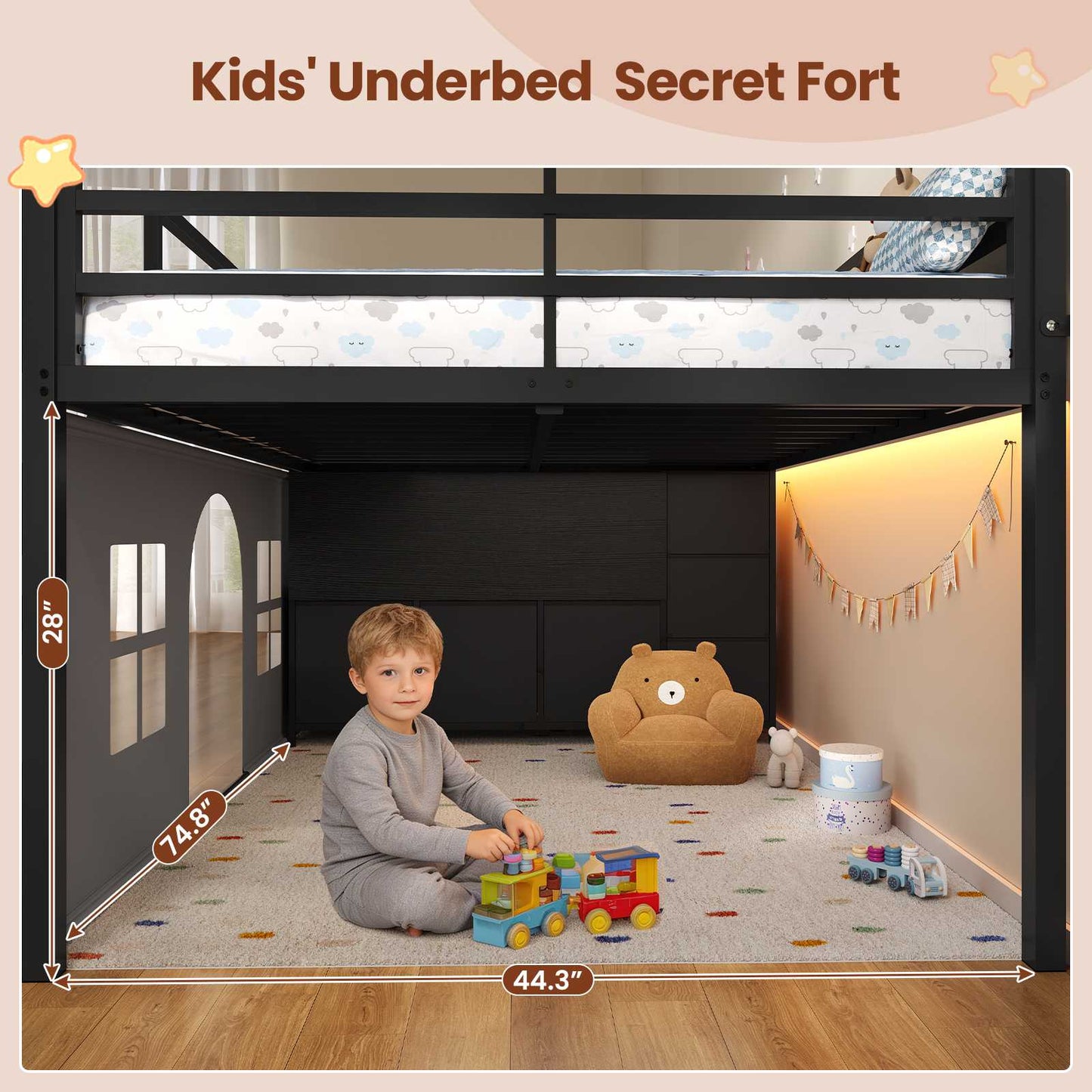ADORNEVE Kids Low Loft Bed Full Size with Tent and 5 Storage Drawers Metal Loft Bed with Bookcase and Under-Bed Play Space LED Loft Bed with Safety Guardrail and Inclined Ladder