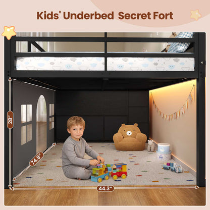 ADORNEVE Kids Low Loft Bed Full Size with Tent and 5 Storage Drawers Metal Loft Bed with Bookcase and Under-Bed Play Space LED Loft Bed with Safety Guardrail and Inclined Ladder