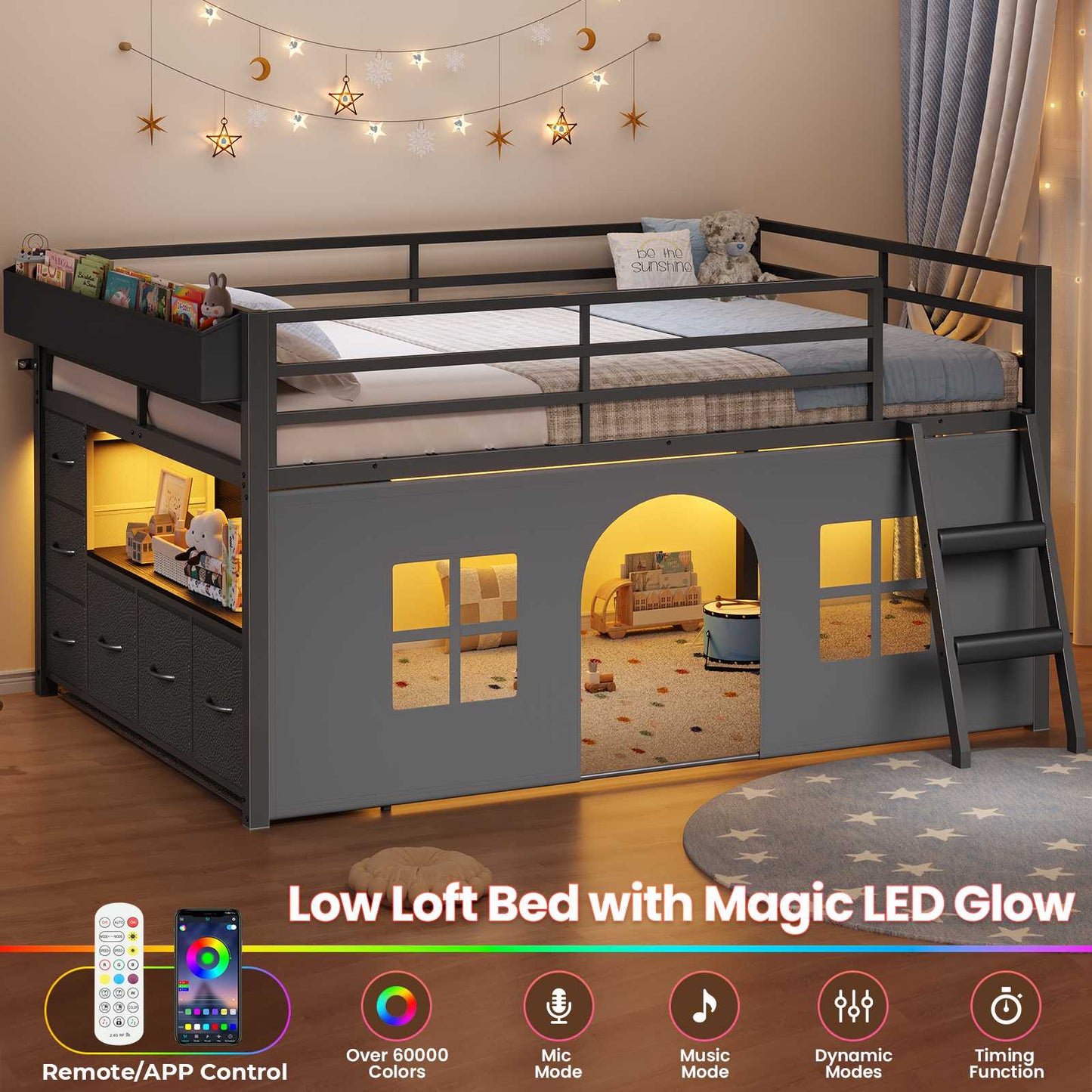 ADORNEVE Kids Low Loft Bed Full Size with Tent and 5 Storage Drawers Metal Loft Bed with Bookcase and Under-Bed Play Space LED Loft Bed with Safety Guardrail and Inclined Ladder