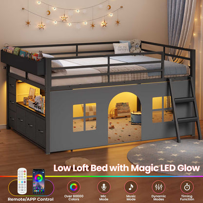 ADORNEVE Kids Low Loft Bed Full Size with Tent and 5 Storage Drawers Metal Loft Bed with Bookcase and Under-Bed Play Space LED Loft Bed with Safety Guardrail and Inclined Ladder