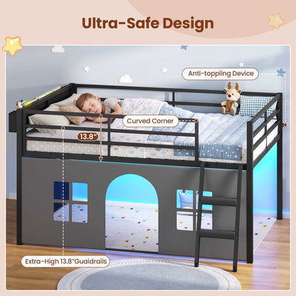 ADORNEVE Kids Low Loft Bed Full Size with Tent and 5 Storage Drawers Metal Loft Bed with Bookcase and Under-Bed Play Space LED Loft Bed with Safety Guardrail and Inclined Ladder