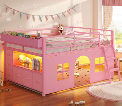 ADORNEVE Kids Low Loft Bed Full Size with Tent and 5 Storage Drawers Metal Loft Bed with Bookcase and Under-Bed Play Space LED Loft Bed with Safety Guardrail and Inclined Ladder