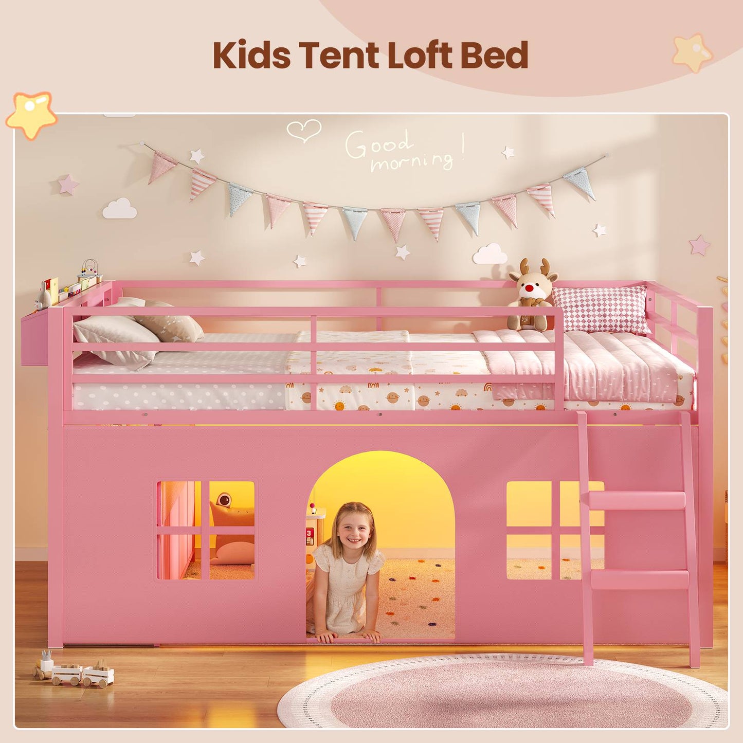 ADORNEVE Kids Low Loft Bed Full Size with Tent and 5 Storage Drawers Metal Loft Bed with Bookcase and Under-Bed Play Space LED Loft Bed with Safety Guardrail and Inclined Ladder
