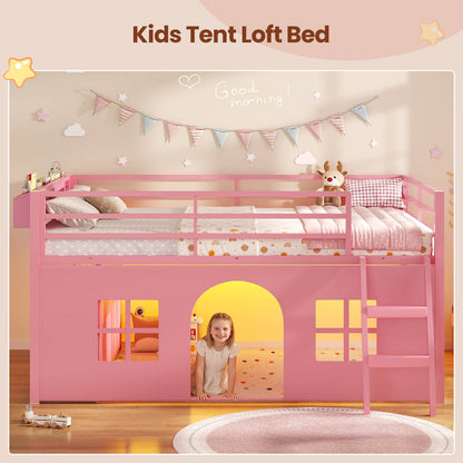 ADORNEVE Kids Low Loft Bed Full Size with Tent and 5 Storage Drawers Metal Loft Bed with Bookcase and Under-Bed Play Space LED Loft Bed with Safety Guardrail and Inclined Ladder