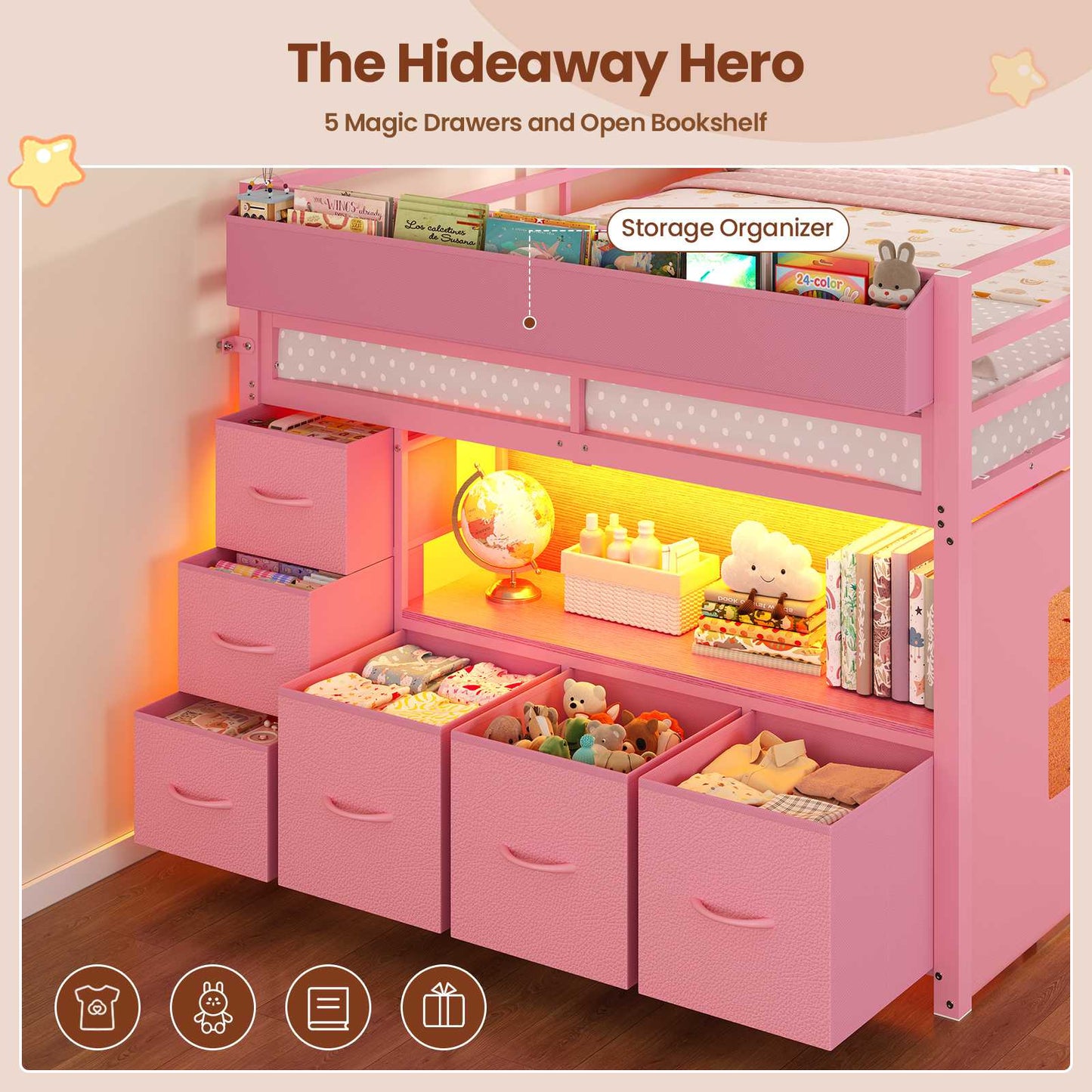 ADORNEVE Kids Low Loft Bed Full Size with Tent and 5 Storage Drawers Metal Loft Bed with Bookcase and Under-Bed Play Space LED Loft Bed with Safety Guardrail and Inclined Ladder