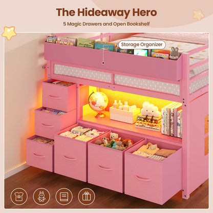 ADORNEVE Kids Low Loft Bed Full Size with Tent and 5 Storage Drawers Metal Loft Bed with Bookcase and Under-Bed Play Space LED Loft Bed with Safety Guardrail and Inclined Ladder