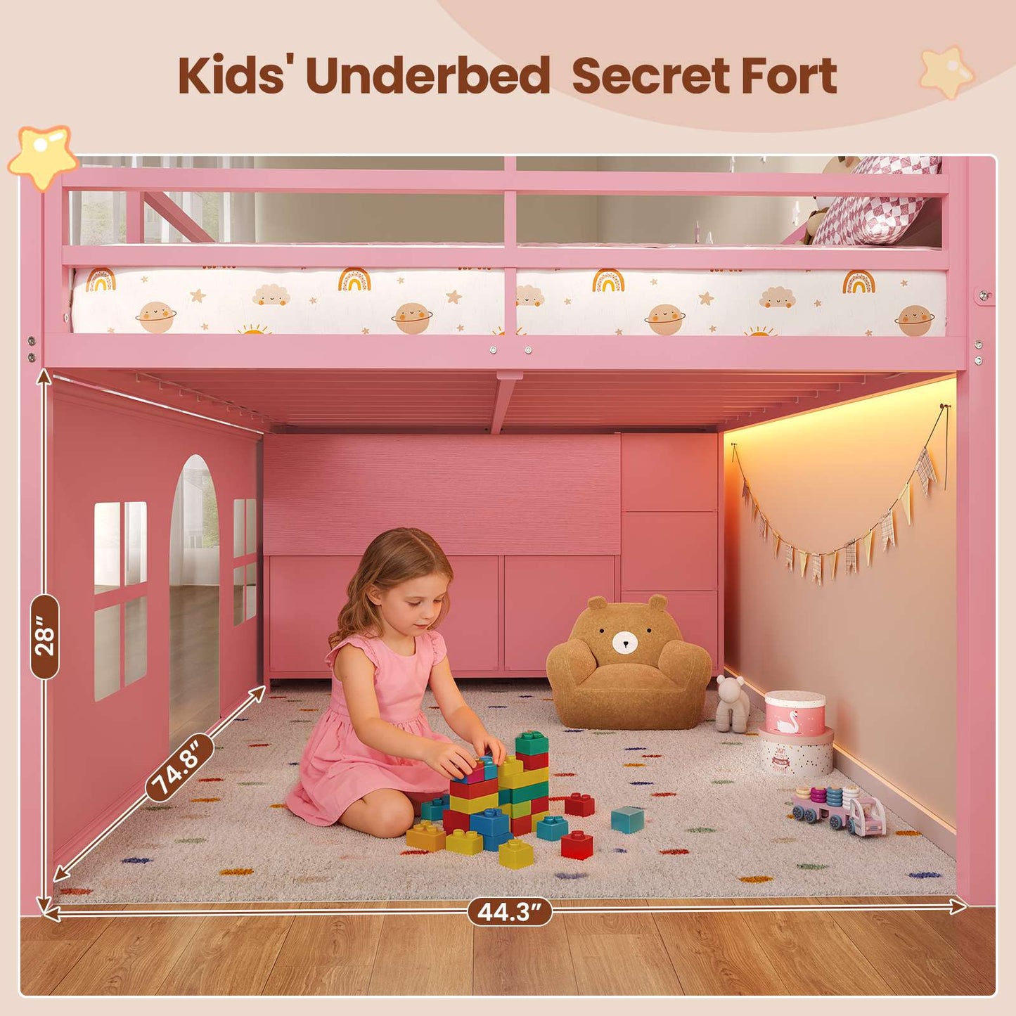 ADORNEVE Kids Low Loft Bed Full Size with Tent and 5 Storage Drawers Metal Loft Bed with Bookcase and Under-Bed Play Space LED Loft Bed with Safety Guardrail and Inclined Ladder