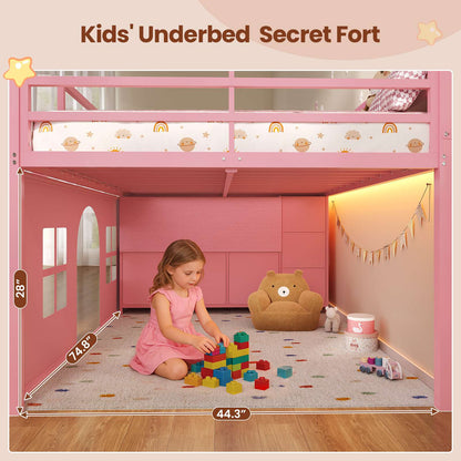 ADORNEVE Kids Low Loft Bed Full Size with Tent and 5 Storage Drawers Metal Loft Bed with Bookcase and Under-Bed Play Space LED Loft Bed with Safety Guardrail and Inclined Ladder