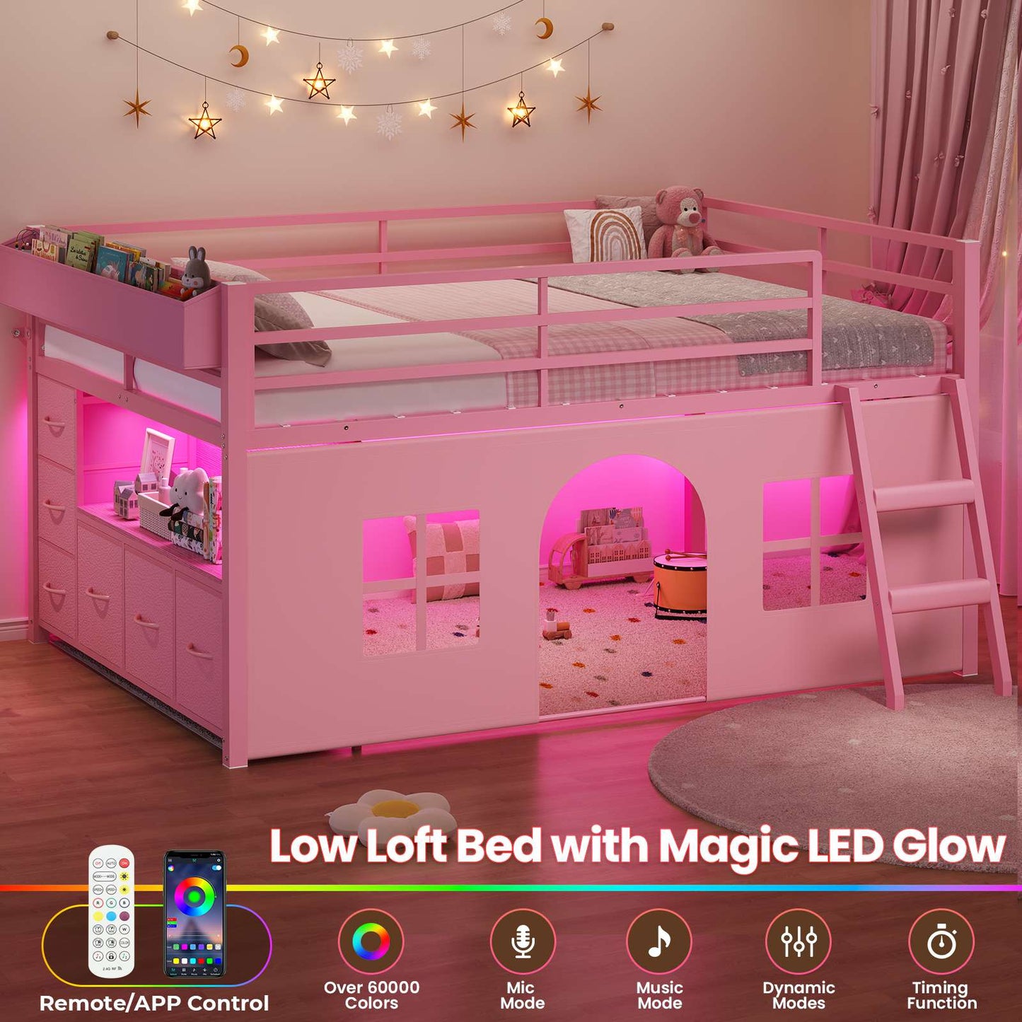 ADORNEVE Kids Low Loft Bed Full Size with Tent and 5 Storage Drawers Metal Loft Bed with Bookcase and Under-Bed Play Space LED Loft Bed with Safety Guardrail and Inclined Ladder