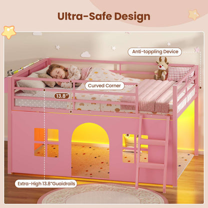 ADORNEVE Kids Low Loft Bed Full Size with Tent and 5 Storage Drawers Metal Loft Bed with Bookcase and Under-Bed Play Space LED Loft Bed with Safety Guardrail and Inclined Ladder