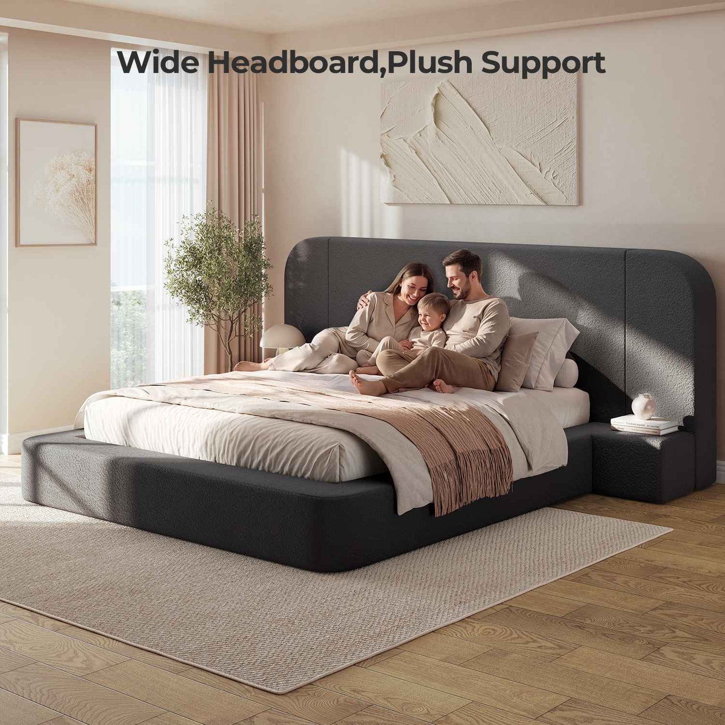 ADORNEVE Upholstered Cloud Bed Frame Queen with 94.1" Wide Headboard and Nightstands 4.9" Fully Cushioned Foam Soft Rounded Corners