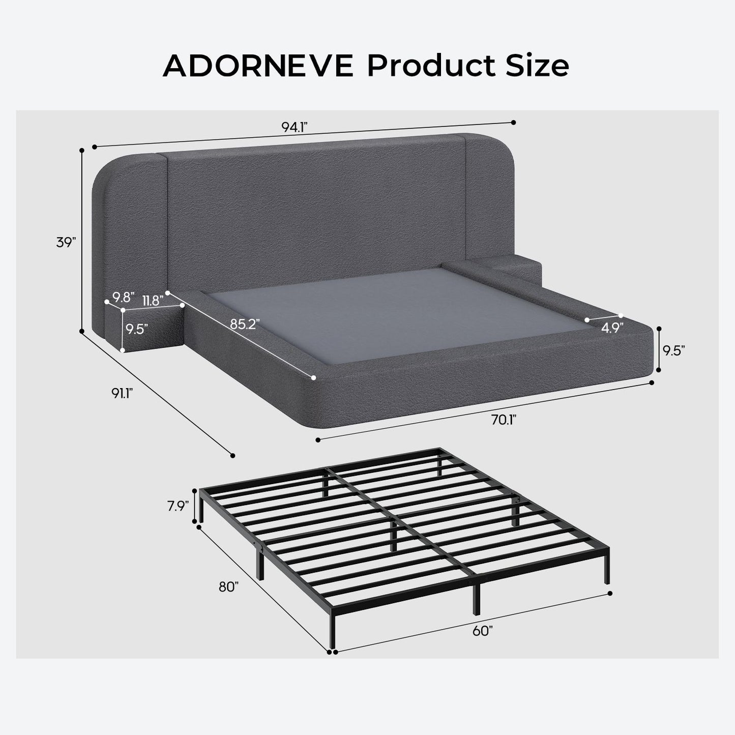 ADORNEVE Upholstered Cloud Bed Frame Queen with 94.1" Wide Headboard and Nightstands 4.9" Fully Cushioned Foam Soft Rounded Corners