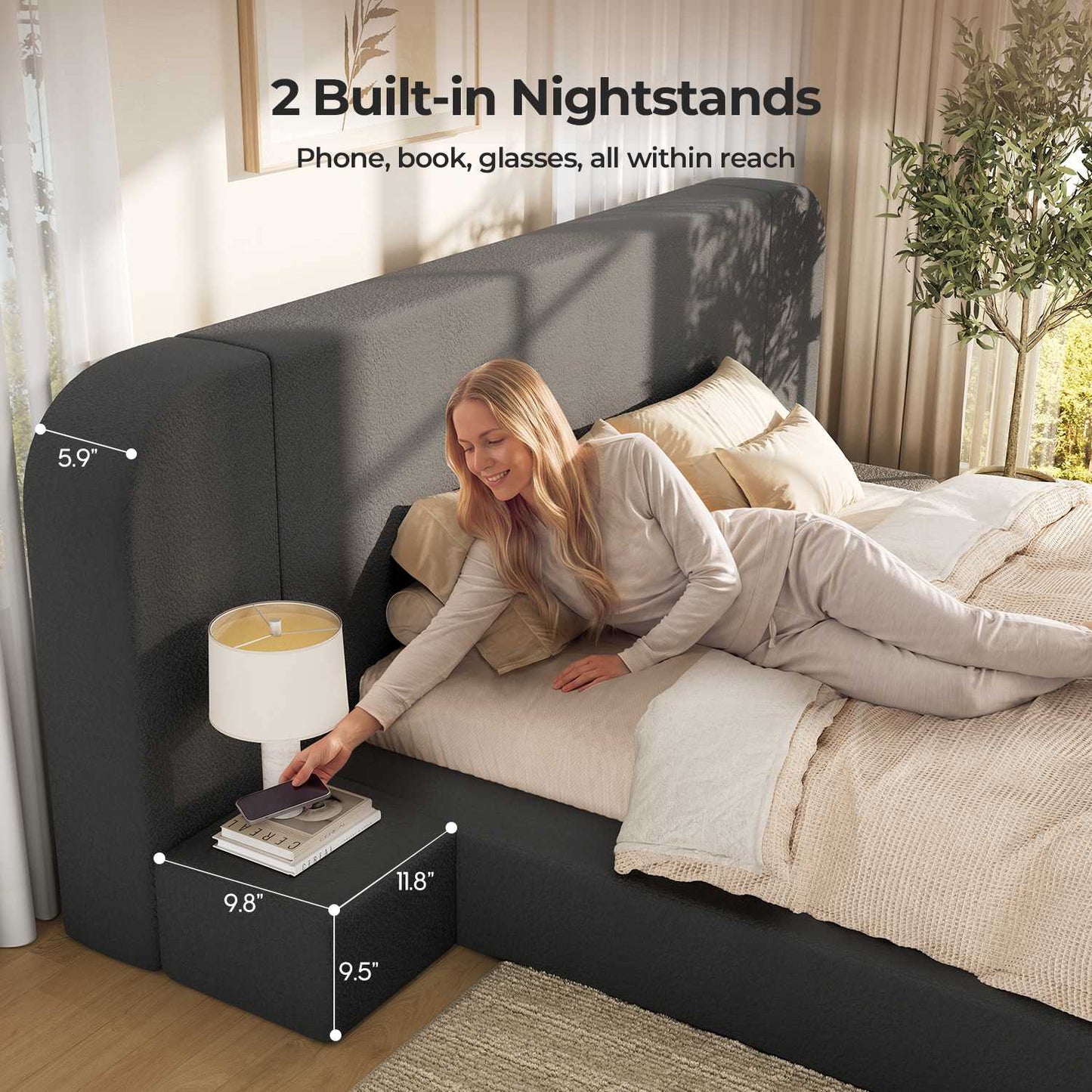 ADORNEVE Upholstered Cloud Bed Frame Queen with 94.1" Wide Headboard and Nightstands 4.9" Fully Cushioned Foam Soft Rounded Corners