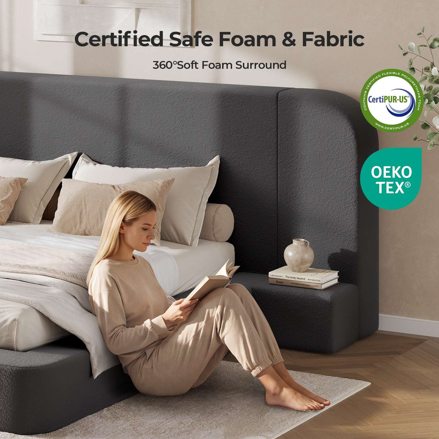 ADORNEVE Upholstered Cloud Bed Frame Queen with 94.1" Wide Headboard and Nightstands 4.9" Fully Cushioned Foam Soft Rounded Corners