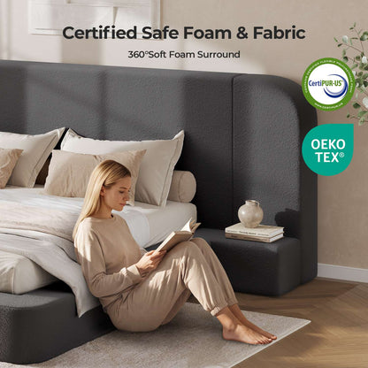ADORNEVE Upholstered Cloud Bed Frame Queen with 94.1" Wide Headboard and Nightstands 4.9" Fully Cushioned Foam Soft Rounded Corners