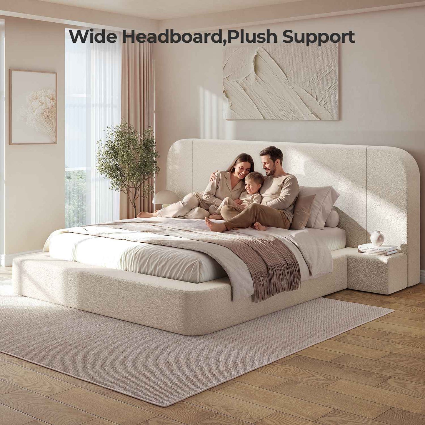 ADORNEVE Upholstered Cloud Bed Frame Queen with 94.1" Wide Headboard and Nightstands 4.9" Fully Cushioned Foam Soft Rounded Corners