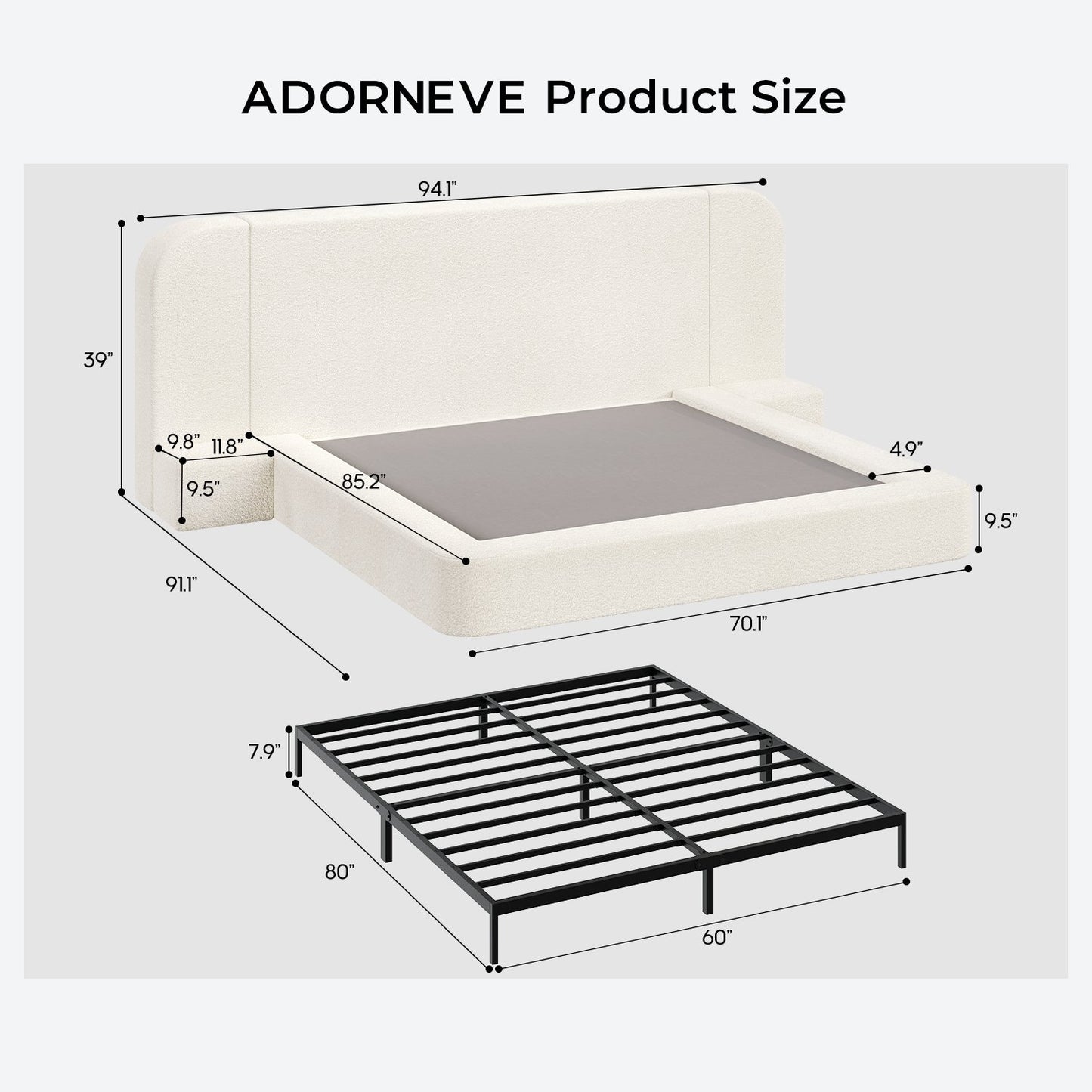 ADORNEVE Upholstered Cloud Bed Frame Queen with 94.1" Wide Headboard and Nightstands 4.9" Fully Cushioned Foam Soft Rounded Corners