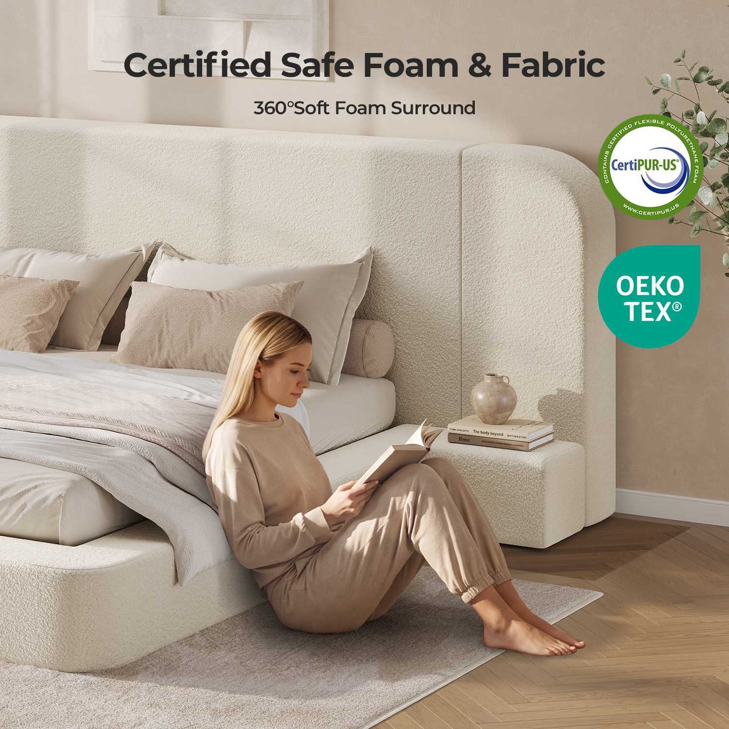 ADORNEVE Upholstered Cloud Bed Frame Queen with 94.1" Wide Headboard and Nightstands 4.9" Fully Cushioned Foam Soft Rounded Corners