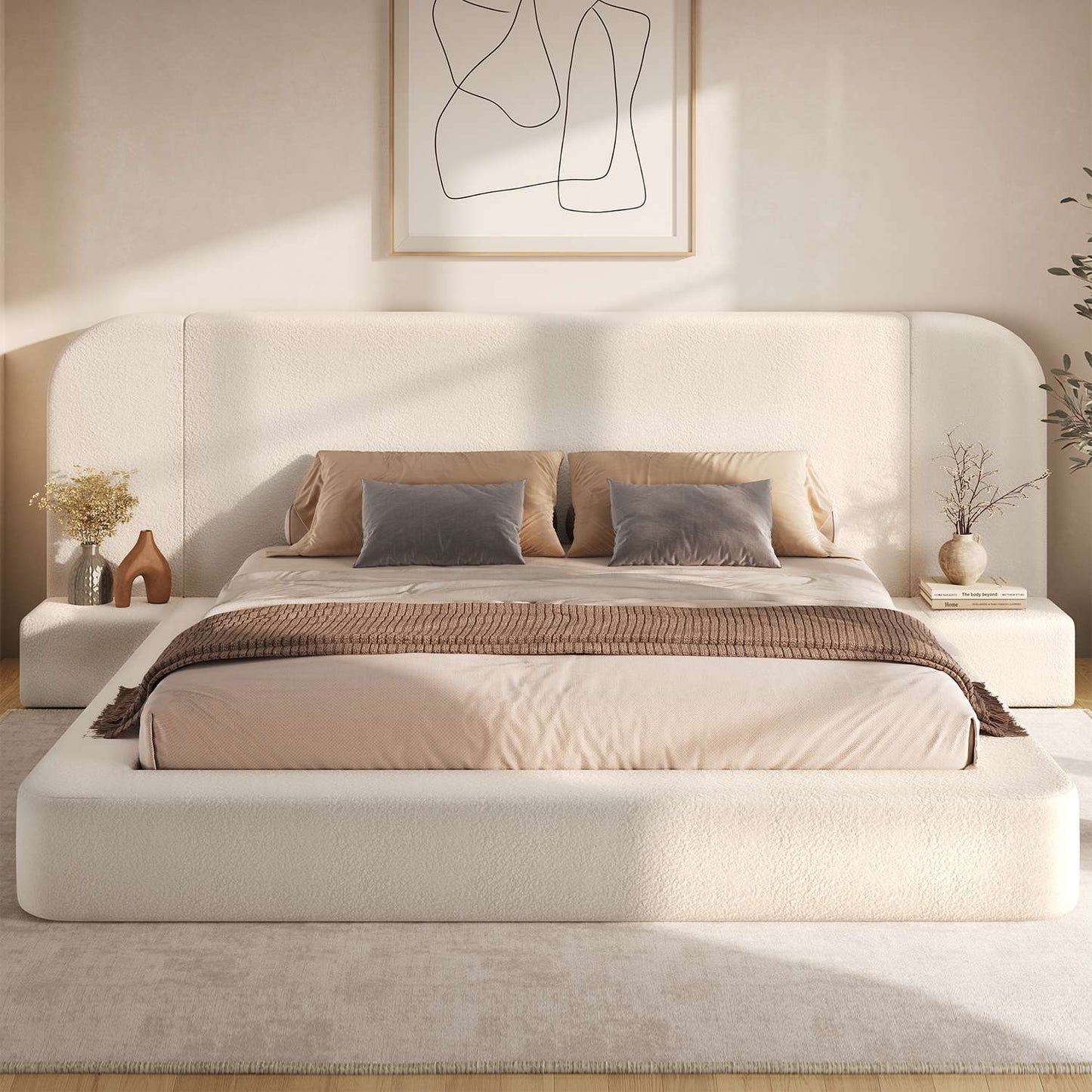 ADORNEVE Upholstered Cloud Bed Frame King with 110"  Wide Headboard and Nightstands 4.9" Fully Cushioned Foam Soft Rounded Corners