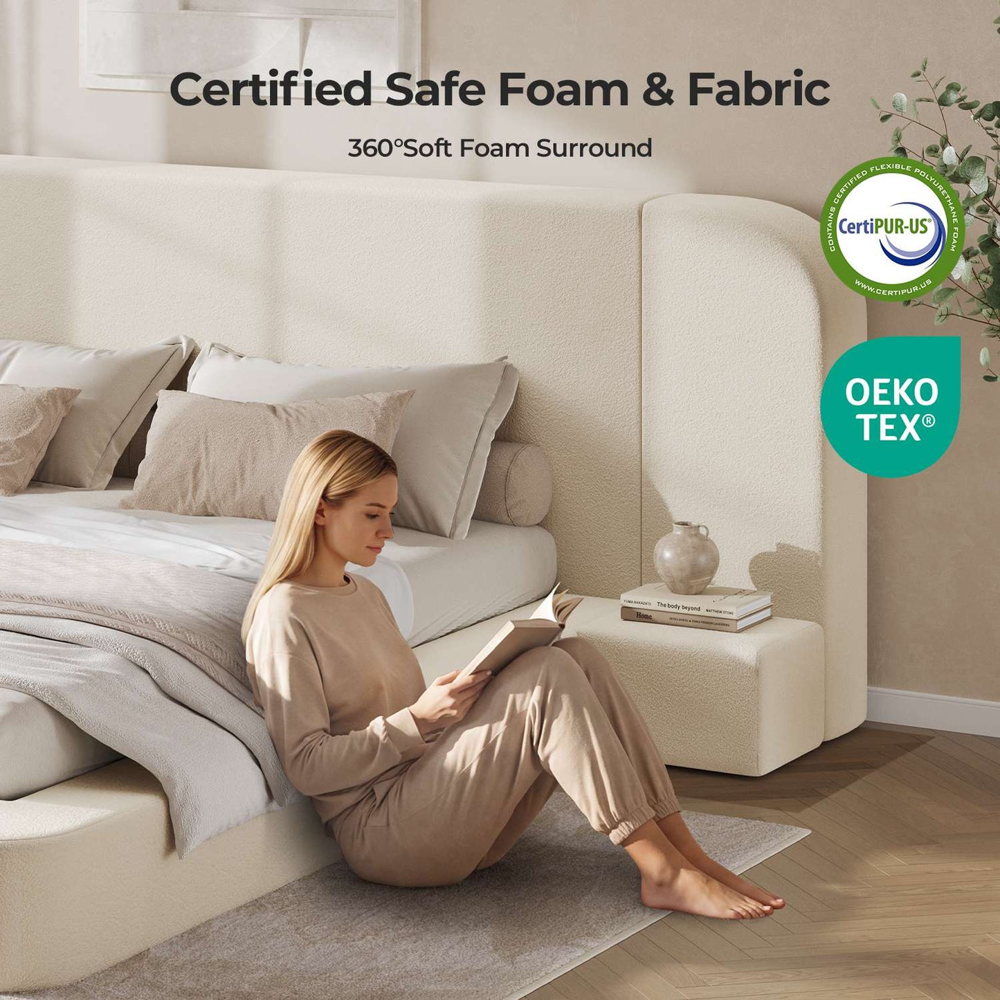 ADORNEVE Upholstered Cloud Bed Frame King with 110"  Wide Headboard and Nightstands 4.9" Fully Cushioned Foam Soft Rounded Corners