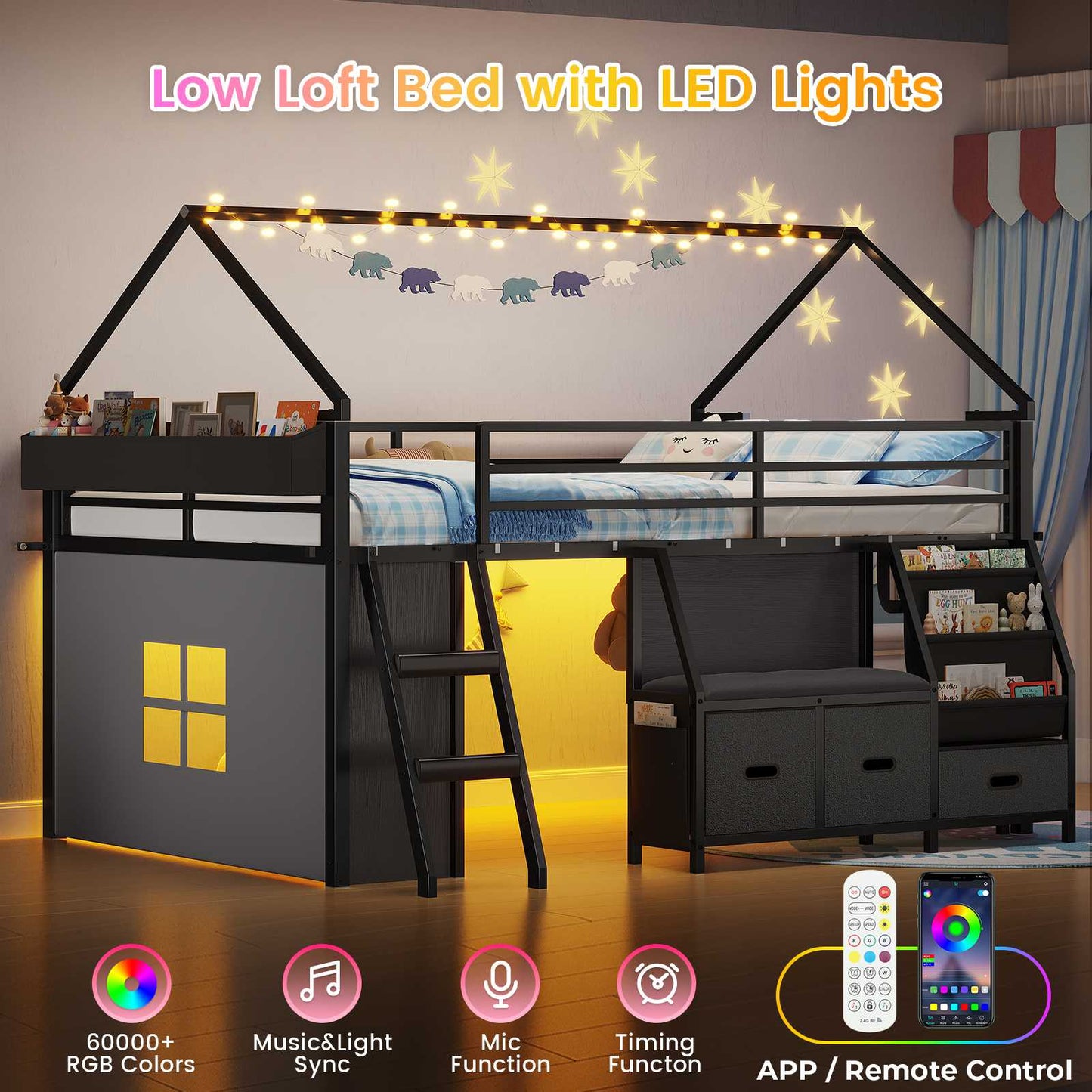 ADORNEVE Low Loft Bed Full Size with Bookshelf and Reading Nook Kids LED Loft Bed with 3 Drawers and Under-Bed Play Space Loft Bed with Safety Guardrail and Inclined Ladde Play Curtain