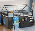ADORNEVE Low Loft Bed Full Size with Bookshelf and Reading Nook Kids LED Loft Bed with 3 Drawers and Under-Bed Play Space Loft Bed with Safety Guardrail and Inclined Ladde Play Curtain