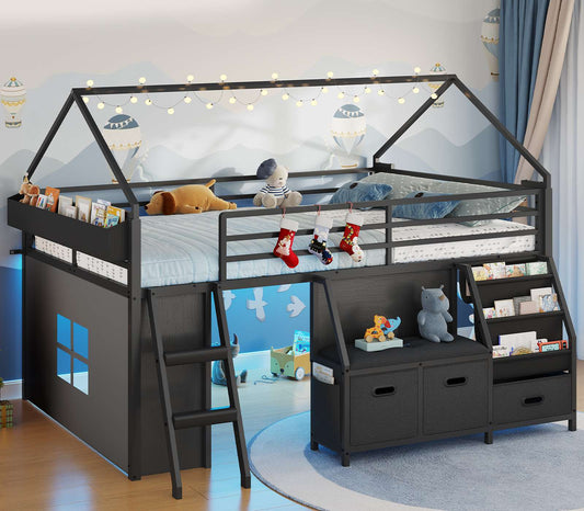 ADORNEVE Low Loft Bed Full Size with Bookshelf and Reading Nook Kids LED Loft Bed with 3 Drawers and Under-Bed Play Space Loft Bed with Safety Guardrail and Inclined Ladde Play Curtain