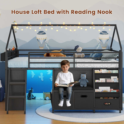 ADORNEVE Low Loft Bed Full Size with Bookshelf and Reading Nook Kids LED Loft Bed with 3 Drawers and Under-Bed Play Space Loft Bed with Safety Guardrail and Inclined Ladde Play Curtain